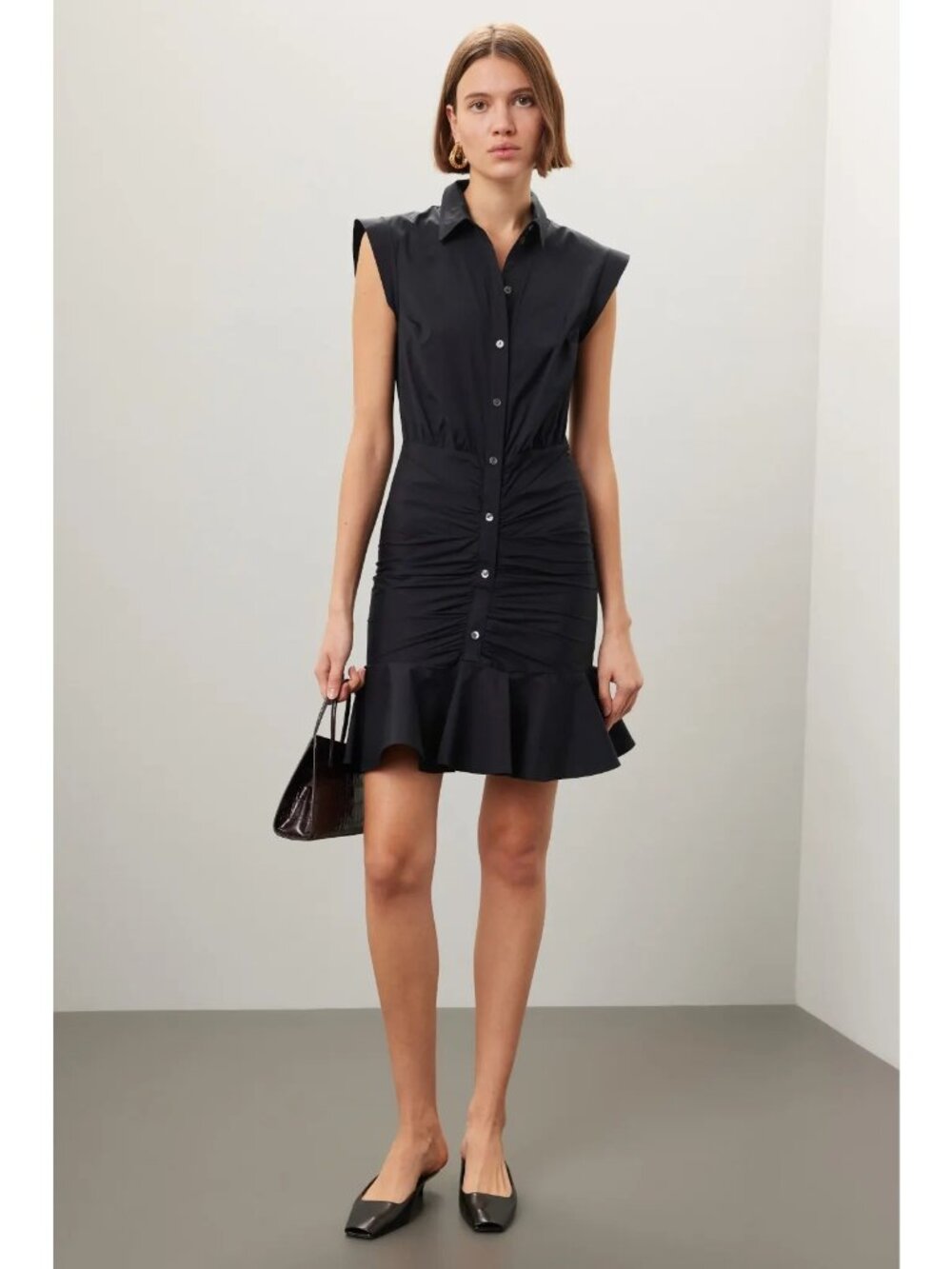 Veronica Beard Black Ruched Button-Front Mini Dress